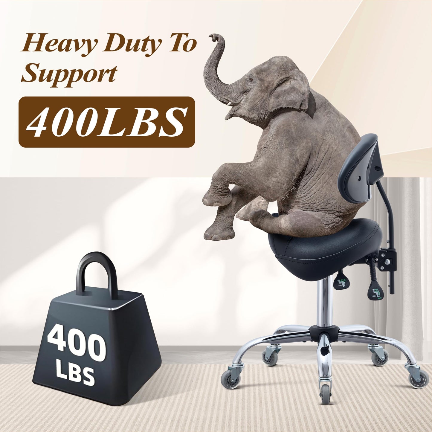 Saddle Stool with Adjustable Lumbar Support - Heavy Duty 400LB Hydraulic Rolling Stool Chair with Backrest, 19"-25" Height Adjustable with Quiet Wheels for Salon, Dental, Tattoo, Massage, Home Office