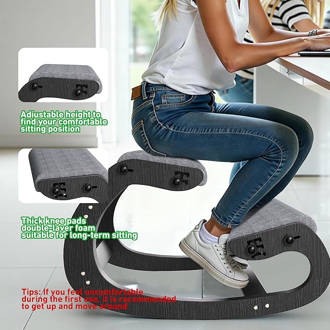 TinyHaven Ergonomic Kneeling Chair with Wooden Frame - Adjustable Height Office Chair with Soft Padding for Back Pain Relief, Posture Correcting Home & Office Desk Chair Black