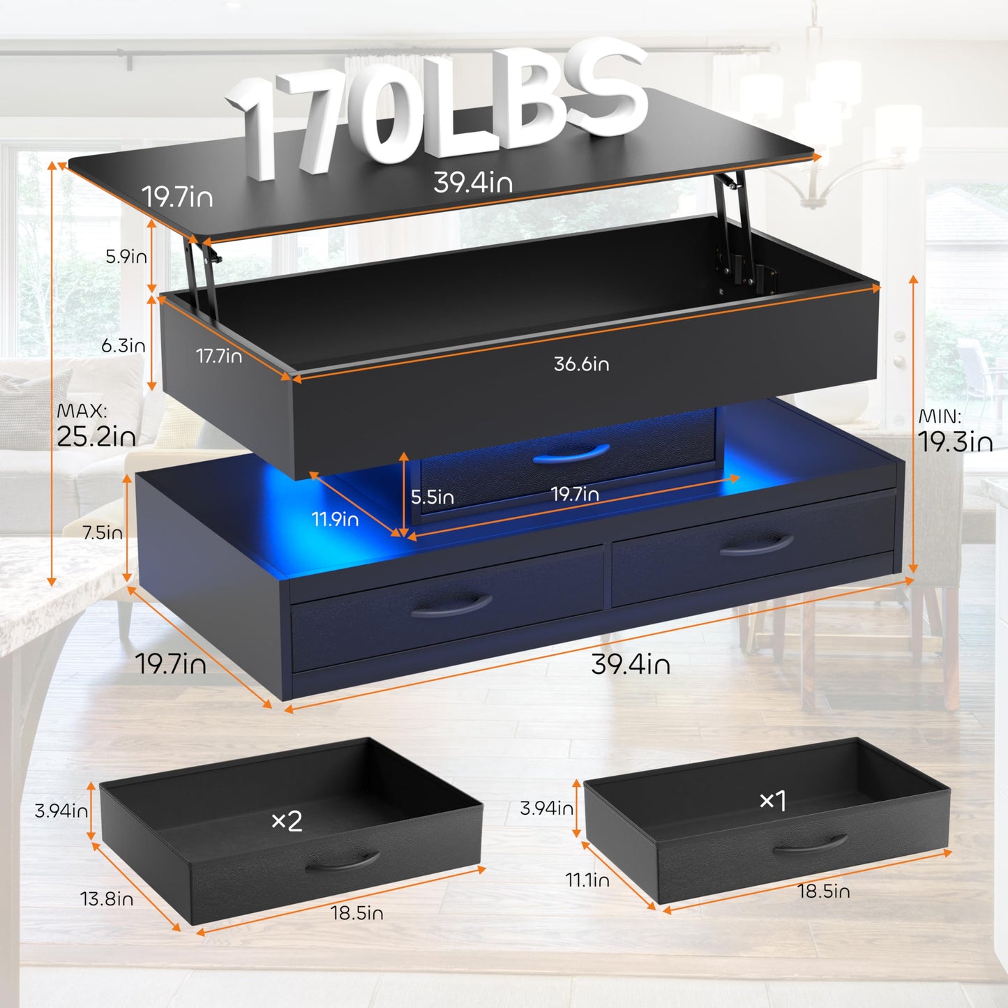 Oransail 40" Lift Top Coffee Table with 3 Fabric Drawers and Hidden Compartmen, LED Coffee Table, Farmhouse Coffee Tables for Living Room, Dining Room