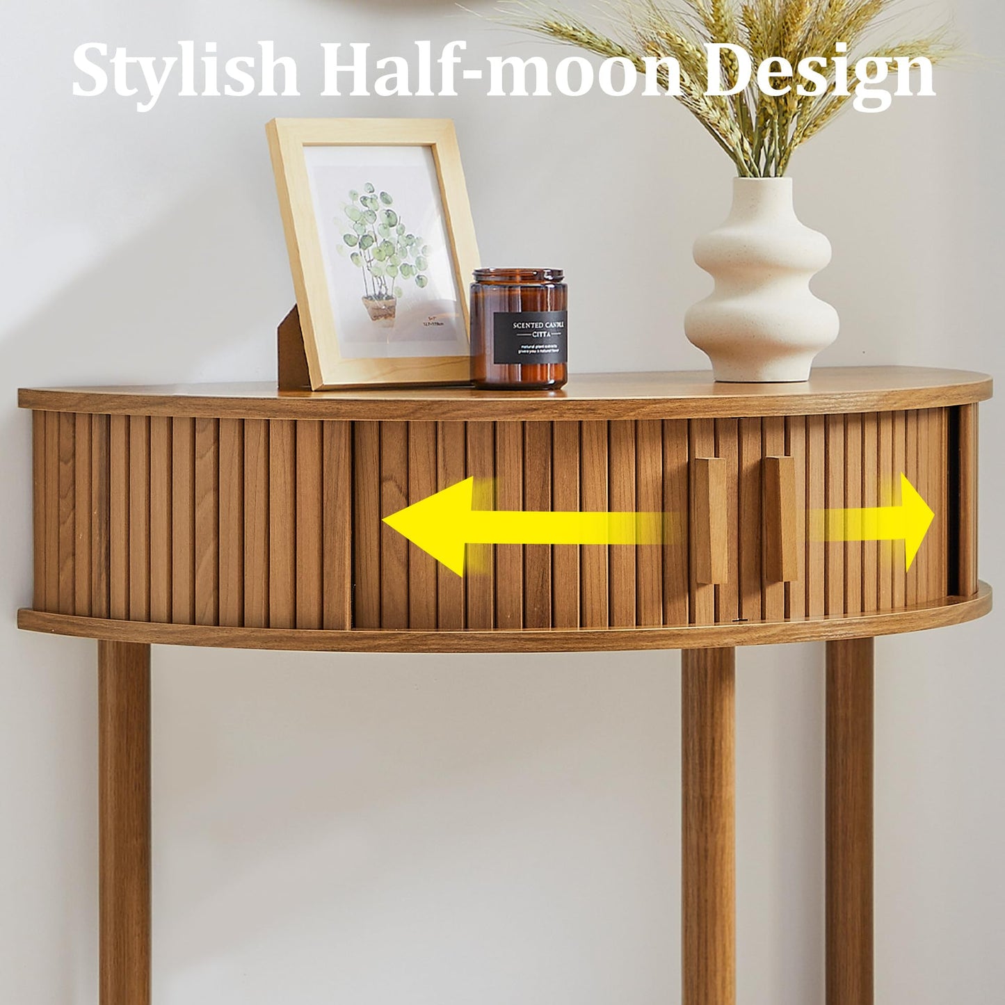 Entryway Table, Half Moon Fluted Console Tables with Storage, Mid Century Modern Small Half Round Sofa Tables for Hallway, Narrow Curved Accent Decor Table for Living Room (Mid-Century Modern, Walnut)
