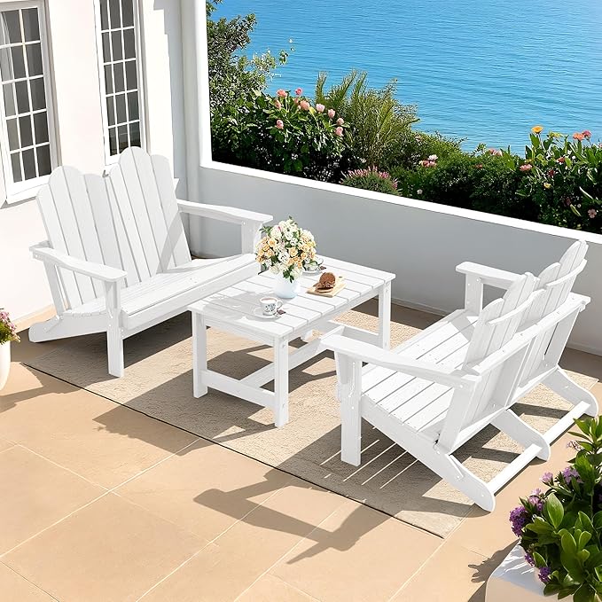 SERWALL Folding Adirondack Bench Set of 2, HDPE All-Weather Adirondack Loveseat, Folding Outdoor Bench, Whire