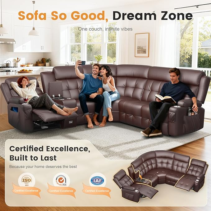 Aotolo Reclining Sectional Couches for Living Room, L Shaped Large Sectional Reliner Sofa, Faux Leather Couch, Home Theater Seating with Console, Recliner Couch & Sofa