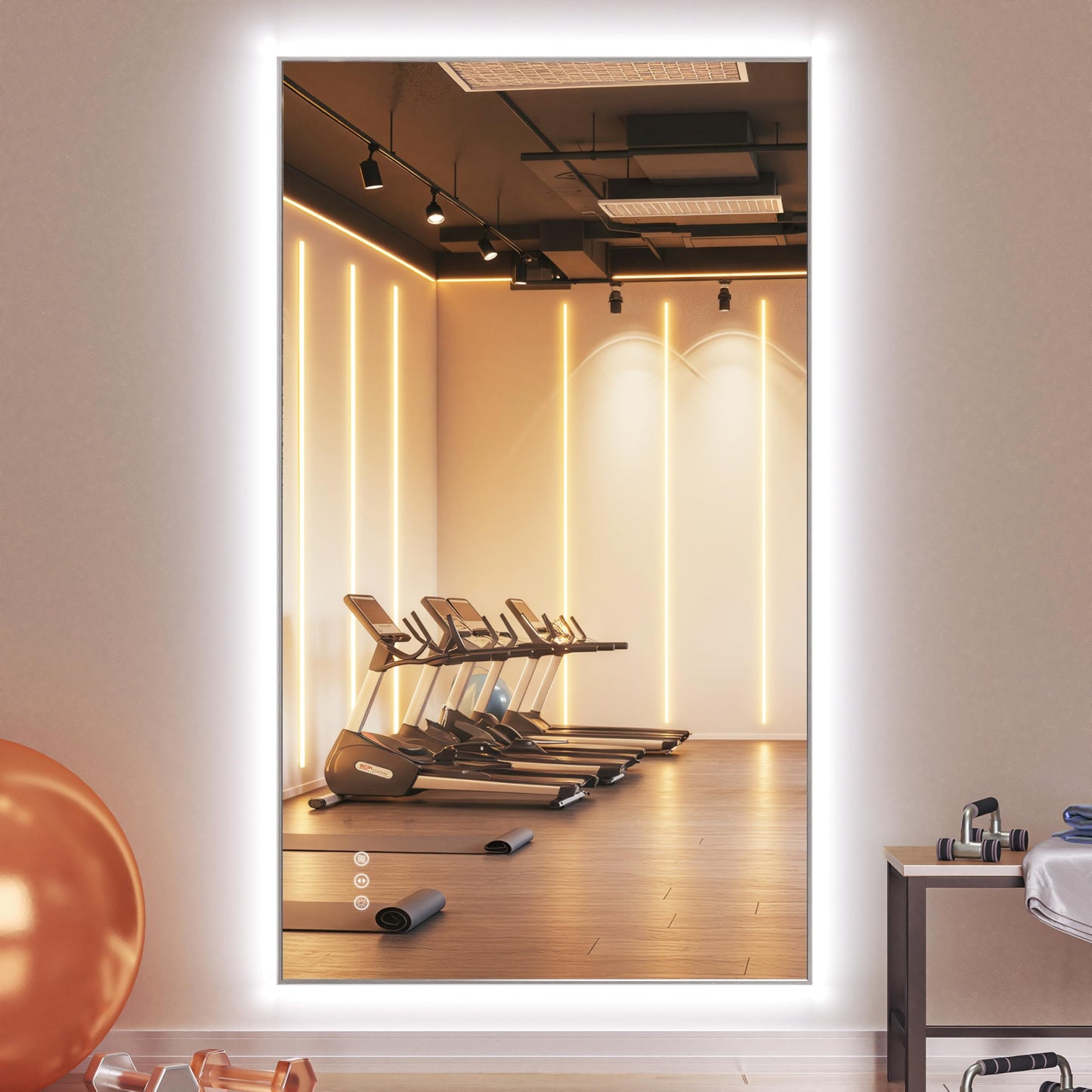 Hasipu 48''x 30'' Home Gym Mirror with Lights Dimmable Anti-Fog Large Full Length Wall Mounted Full Body Mirror for Yoga Dance Fitness Exercise Studio Bedroom Garage, Tempered Glass Workout Mirrors