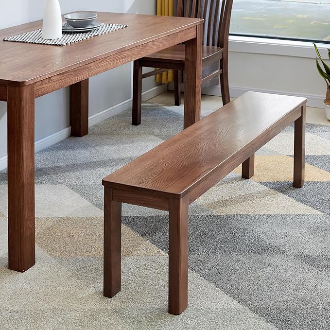 Vadisun 100% Solid Oak Wood Dining Bench, 47.3'' Entryway Bench Extra Chair Seat Long Ottoman with Squre End & Round Corner for Kitchen Living Room Bedroom, Walnut