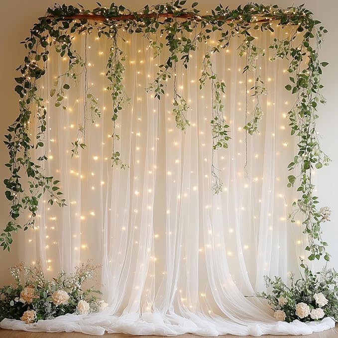 Patioman 10x8ft White Tulle Backdrop Curtain with Lights, Wrinkle-Free Sheer Wedding Backdrop for Birthday Parties, Baby S...