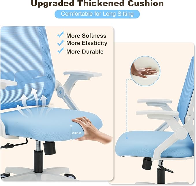 Msdizuo Ergonomic Office Chair Desk Chair with Adjustable Height Mesh Computer Chair Swivel Chair with Flip-up Arms and Lumbar Support Blue