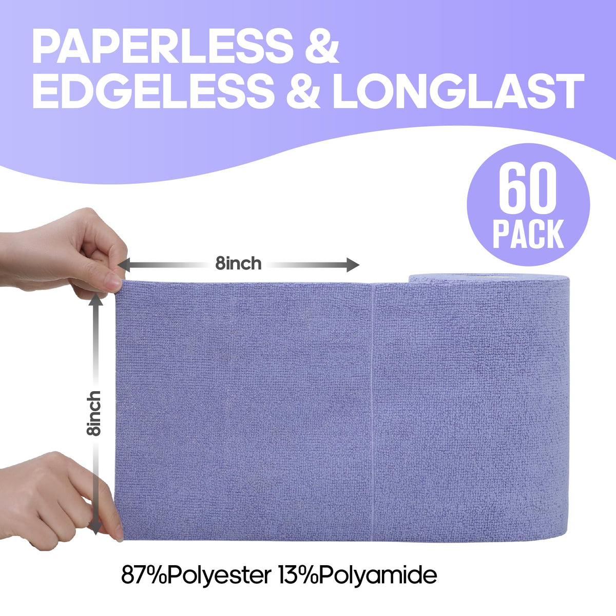 Fantasticlean Microfiber Cleaning Cloth Roll -60 Pack, Tear Away Paperless Towels, 8" x 8", Reusable Washable Rags, for Home Kitchen, Pet, Office, Indoor Outdoor, Compact and Portable (Light-Purple)