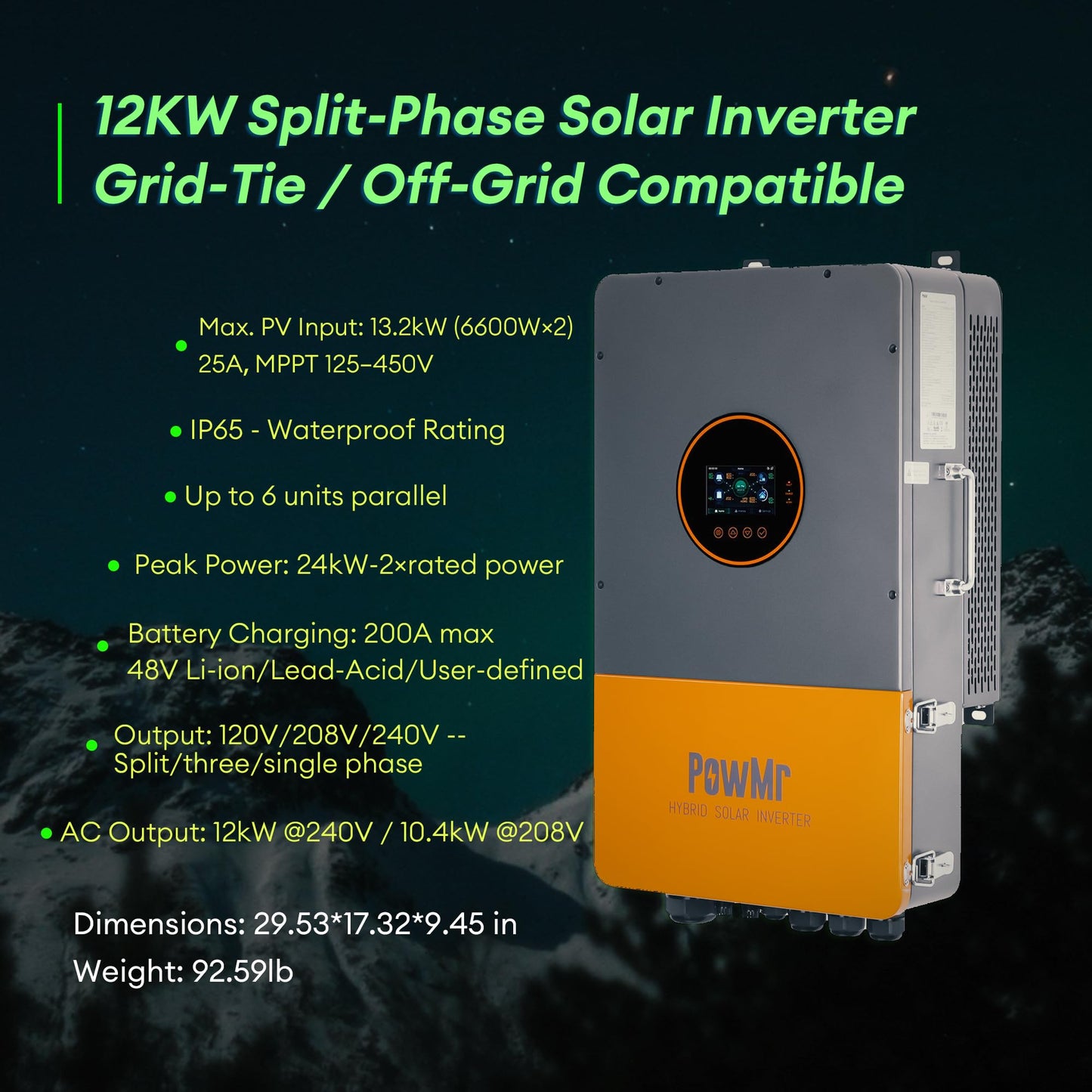 PowMr 12000W Solar Inverter 48V to 120V/240V, UL1741/CSA/IEEE1547, Off/On-Grid Split-Phase Hybrid Inverter w/Touchscreen, 200A MPPT Controller, Can Sell Surplus to Grid, 48V Li/Lead Acid Compatible
