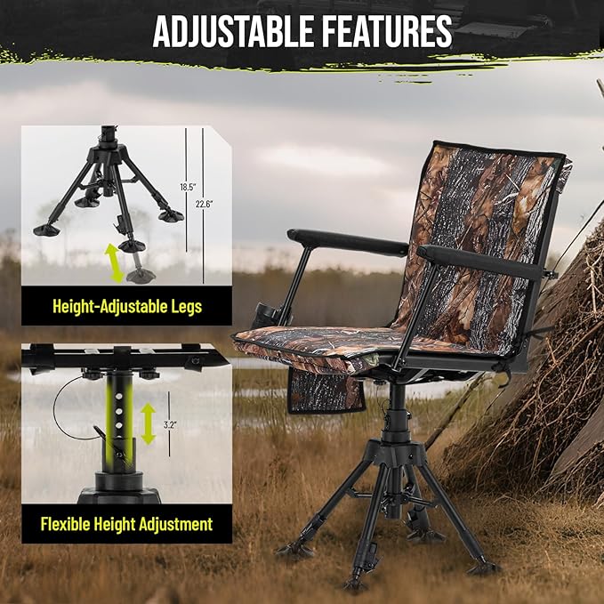 HUNTSEN 360° Silent Swivel Hunting Chair for Blinds - Stable Portable Ground Blind Chair Adjustable 4 Legs & Seat Height Folding Outdoor Fishing Seat with Anti-Sink Feet Armrest - Supports 330lbs