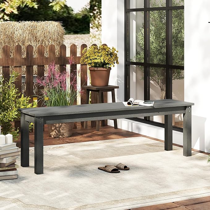 Tangkula HDPE Outdoor Bench, 2-3 Person Patio Bench, 55" Backless Garden Dining Bench with Slatted Seat, Weatherproof Park Bench for Entryway, Porch, Lawn & Backyard (Grey,1)