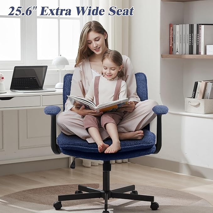 Kassipo Criss Cross Legged Office Chair with Wheels and Flip-Up Arms, Upholstered Criss Cross Desk Chair, Wide Seat Chairs for Home Office, Vanity, Apartment, Navy Blue