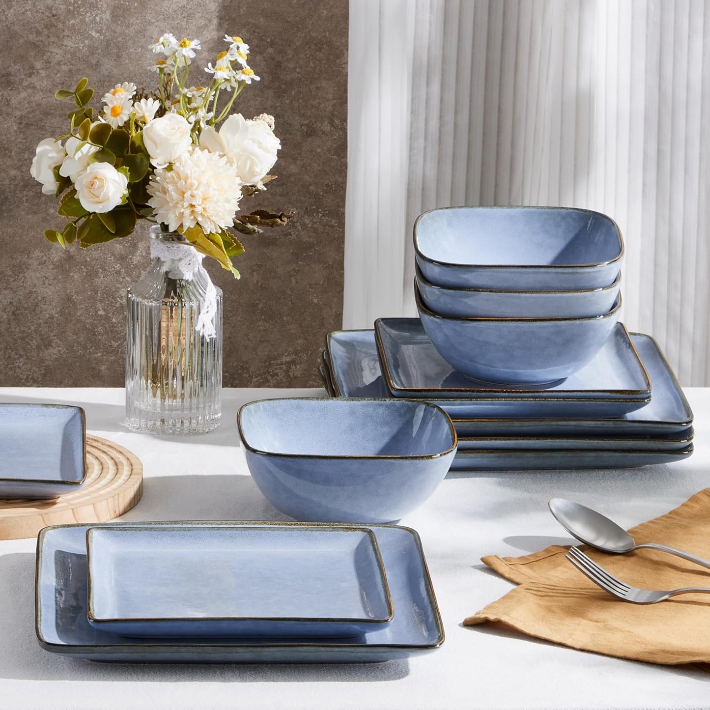 E-far Square Dinnerware Sets for 8, 24-Piece Stoneware Plates and Bowls Dishes Set, Reactive Glaze Porcelain Dishware Sets, Chip & Scratch Resistant, Microwave & Dishwasher Safe, Ocean Blue