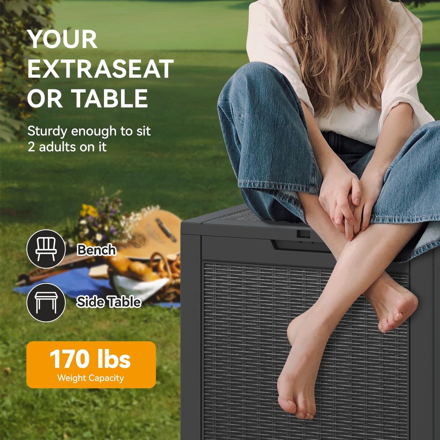 KAMABOKO 31 Gallon Outdoor Storage Box, Resin Deck Boxes Indoor and outdoor, Waterproof Storage Box Lockable Lid for Garden Tools, Package Delivery, Pool Supplies, Patio Cushions, Black