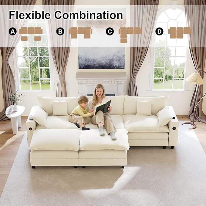 KCGKCG 116" Modular Sectional Sofa, U Shaped Cloud Couch with Movable Ottoman, Chenille Deep Seat Cloud Sofa with Charging Station, Cup Holder, Side Pocket, Sectional Couches for Living Room, Beige