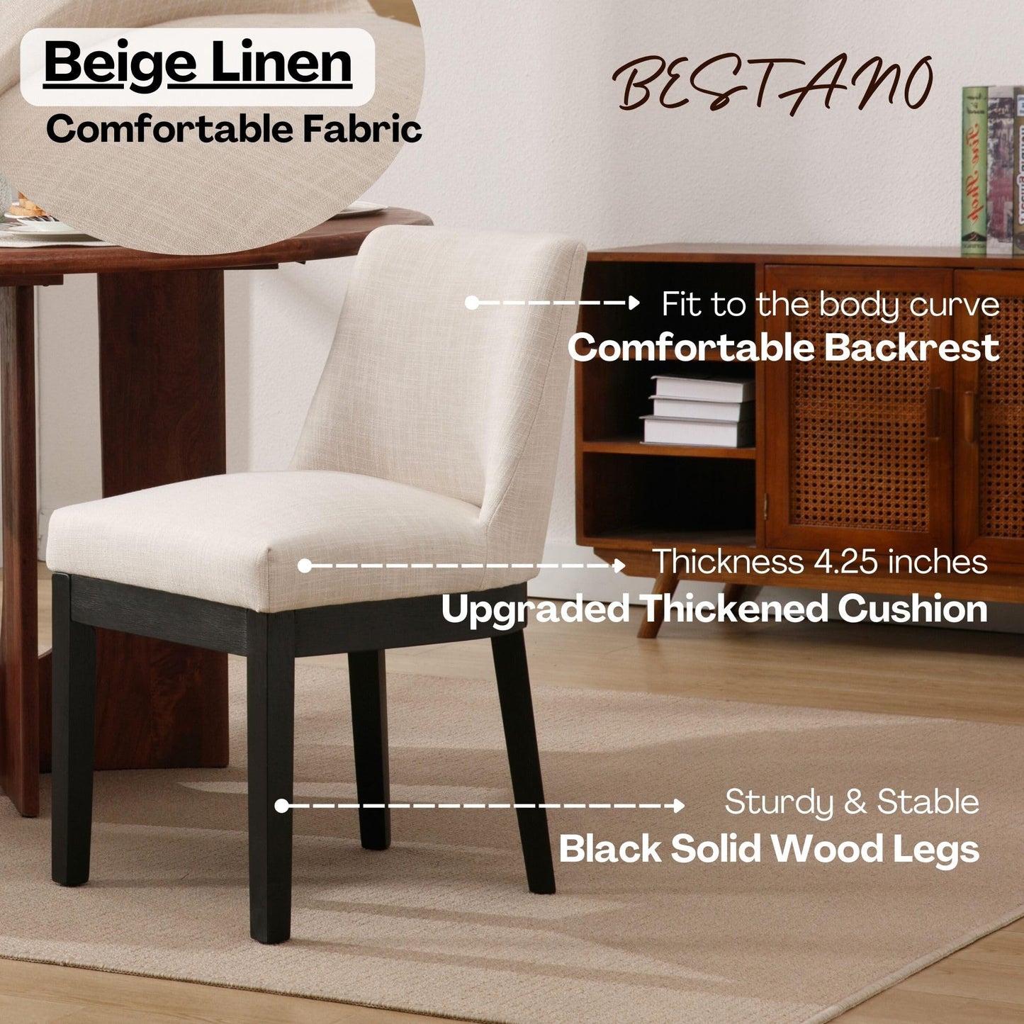 BESTANO Modern Dining Chairs with Black Wood Legs Set of 2, Linen Fabric Upholstered Dining Room Chairs Kitchen Side Chairs with Back, Beige
