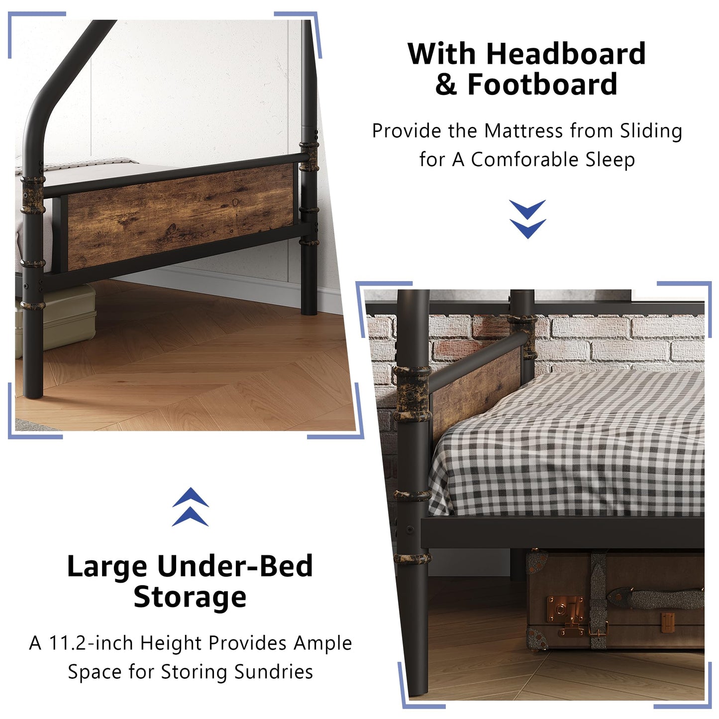 Bunk Bed Twin Over Full, Heavy Duty Metal Bunkbeds with Ladder and Full-Length Guardrail, Convertible into 2 Individual Beds for Kids, Teens and Adults, Under-Bed Storage Space, Vintage Brown
