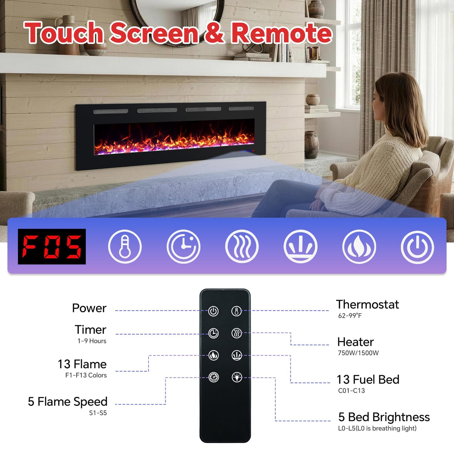 Prismaster 72" Electric Fireplace Insert, Ultra Thin Linear Fireplace Heater, Wall Mounted Recessed, Adjustable Flames& Brightness, 750W /1500W, Timer