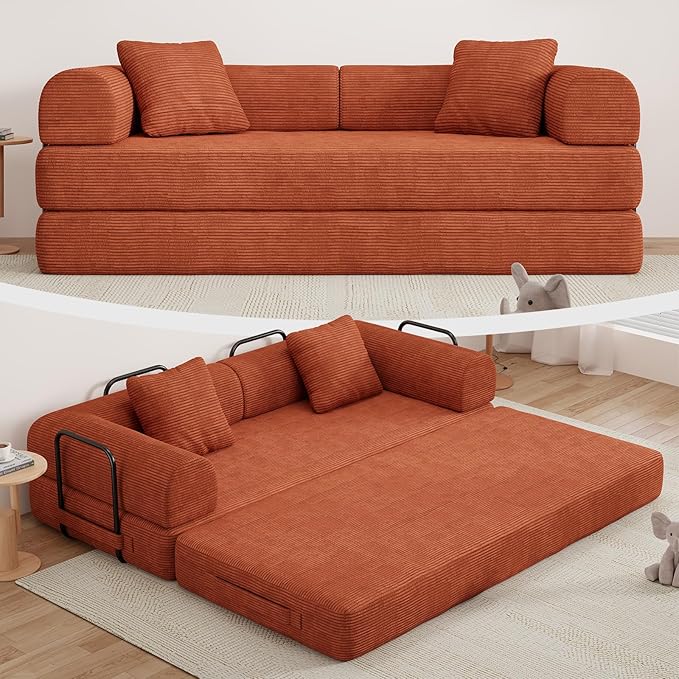 77" Convertible Sofa Bed, Modular Folding Futon Corduroy Floor Foam Compressed Loveseat Sleeper Sofa Couch, Pull Out Queen Size Couch Bed with 2 Pillows for Living Room Guest Room Studio, Orange