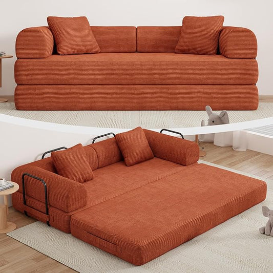 77" Convertible Sofa Bed, Modular Folding Futon Corduroy Floor Foam Compressed Loveseat Sleeper Sofa Couch, Pull Out Queen Size Couch Bed with 2 Pillows for Living Room Guest Room Studio, Orange