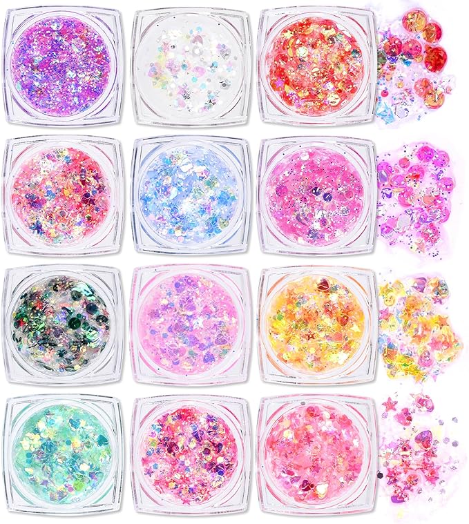 Ownest 12 Colors Holographic Chunky Glitter Gel Set, Christmas Party Makeup Face Body Eye Lips Hair Nail Cosmetic Festival...