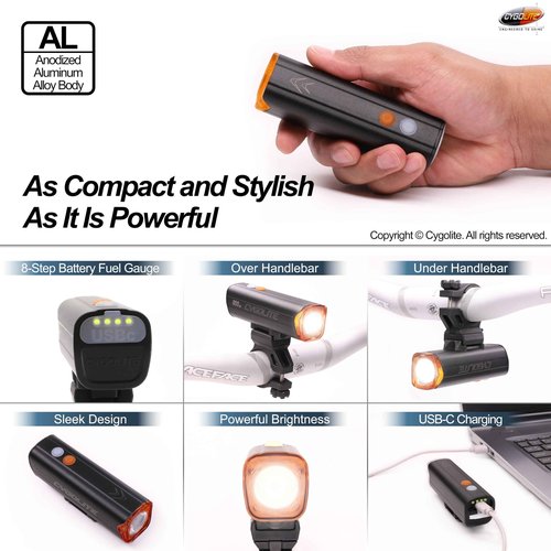 Cygolite Velocity Endurance 800 Lumen Bicycle Light– Anodized Aluminum Alloy- High Run Time–9 Modes– Fine Tunable Brightness-Compact IP67 Waterproof– Hard Mount– USB-C Charge–Road, Mountain, Commute