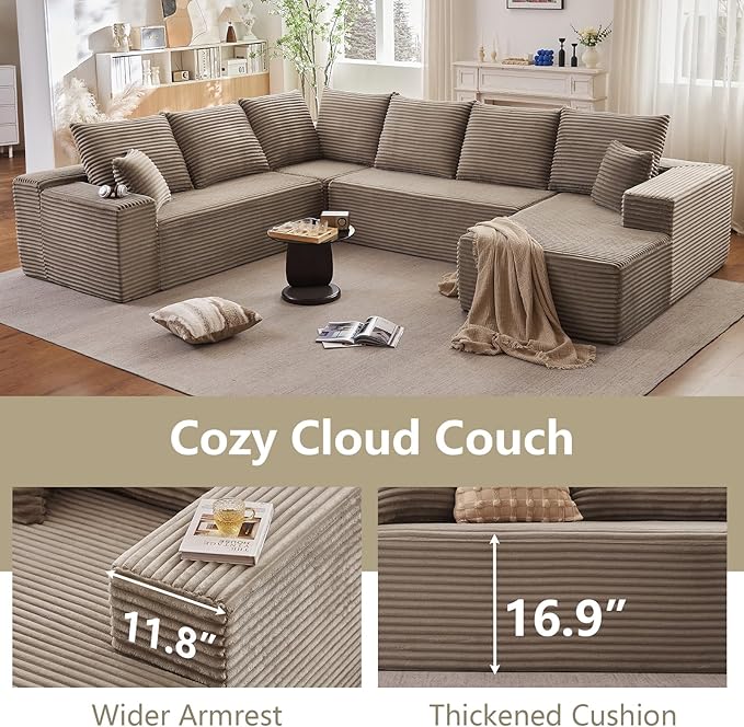 Cloud Sectional Couch with L-Shape Chaise, Modern Modular Comfy Sofa with Deep Seat, Upholstered Corduroy Couches Stupendous U Shaped Sofas for Living Room Bedroom, No Assembly Required, Camel