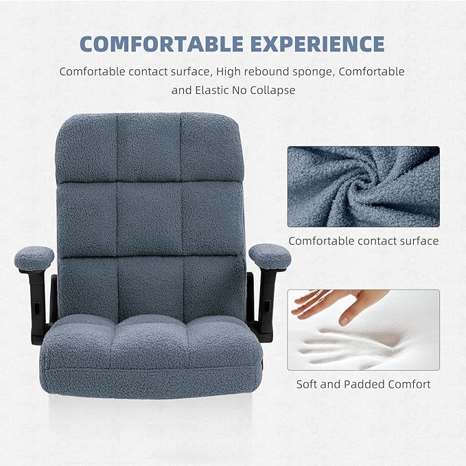 SEATZONE Blue Office Chair with Wheels,Ergonomic Home Office Computer Chair with Flip-up Armrest,Comfy Adjustable Rolling Chair Teddy Fleece