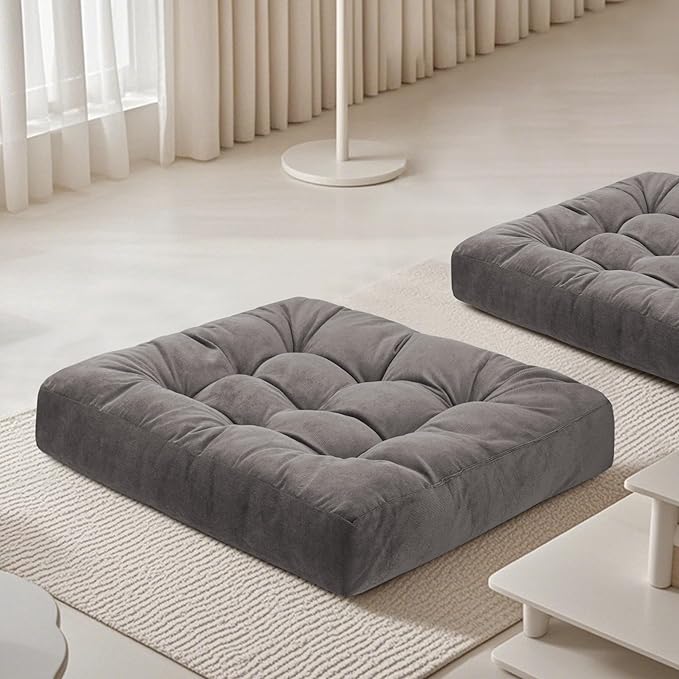 FlyGulls Meditation Floor Pillow 22×22 Inch 2 Pack Large Floor Cushions for Adults Square Tufted Corduroy Floor Pillows for Yoga Living Tatami Room Grey