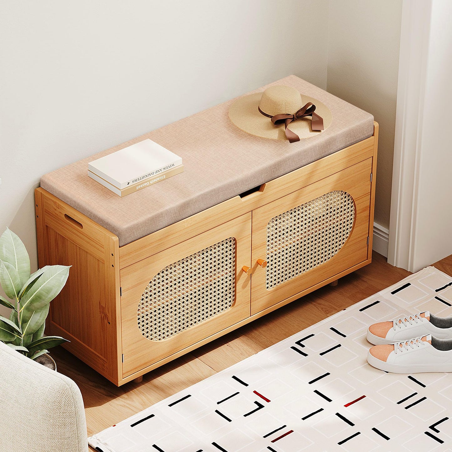 PETKABOO Rattan Shoe Storage Bench,Bamboo Entryway Bench, 2-Tier Shoe Rack,35.4" W x 12.6" D x 19.7" H with 2 Doors & Padded Seat Cushion for Entryway, Living Room, Bedroom, Natural