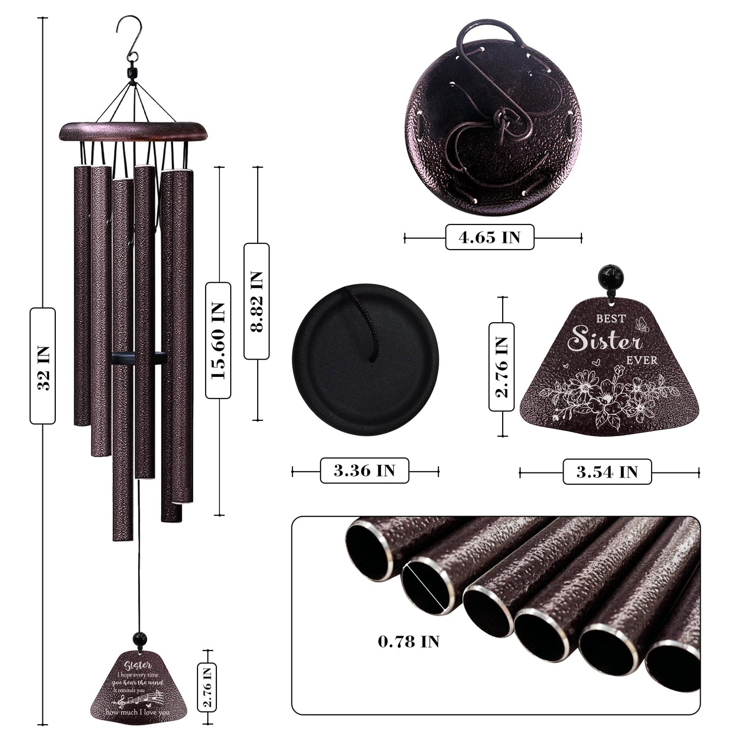 Yesruby Sister Birthday Gifts 32” Wind Chimes, Sister Gift, Birthday Gifts for Sisters, Sis Wind Chimes for Graduation Christmas Mothers Day