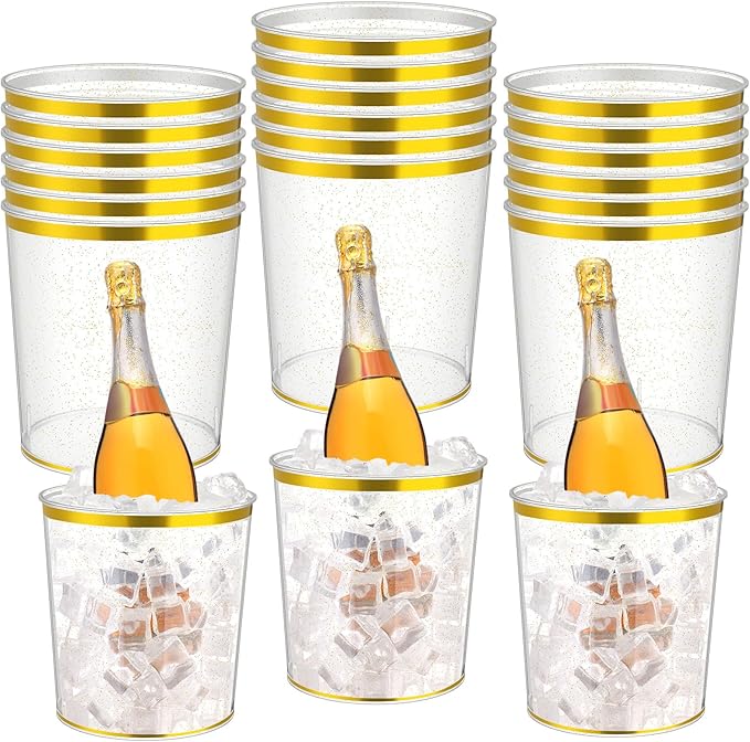 Acellegic 18 Pcs Ice Buckets Bulk, 6 Liter Plastic Round Ice Buckets with Gold Rim and Glitter, Disposable Storage Drink T...