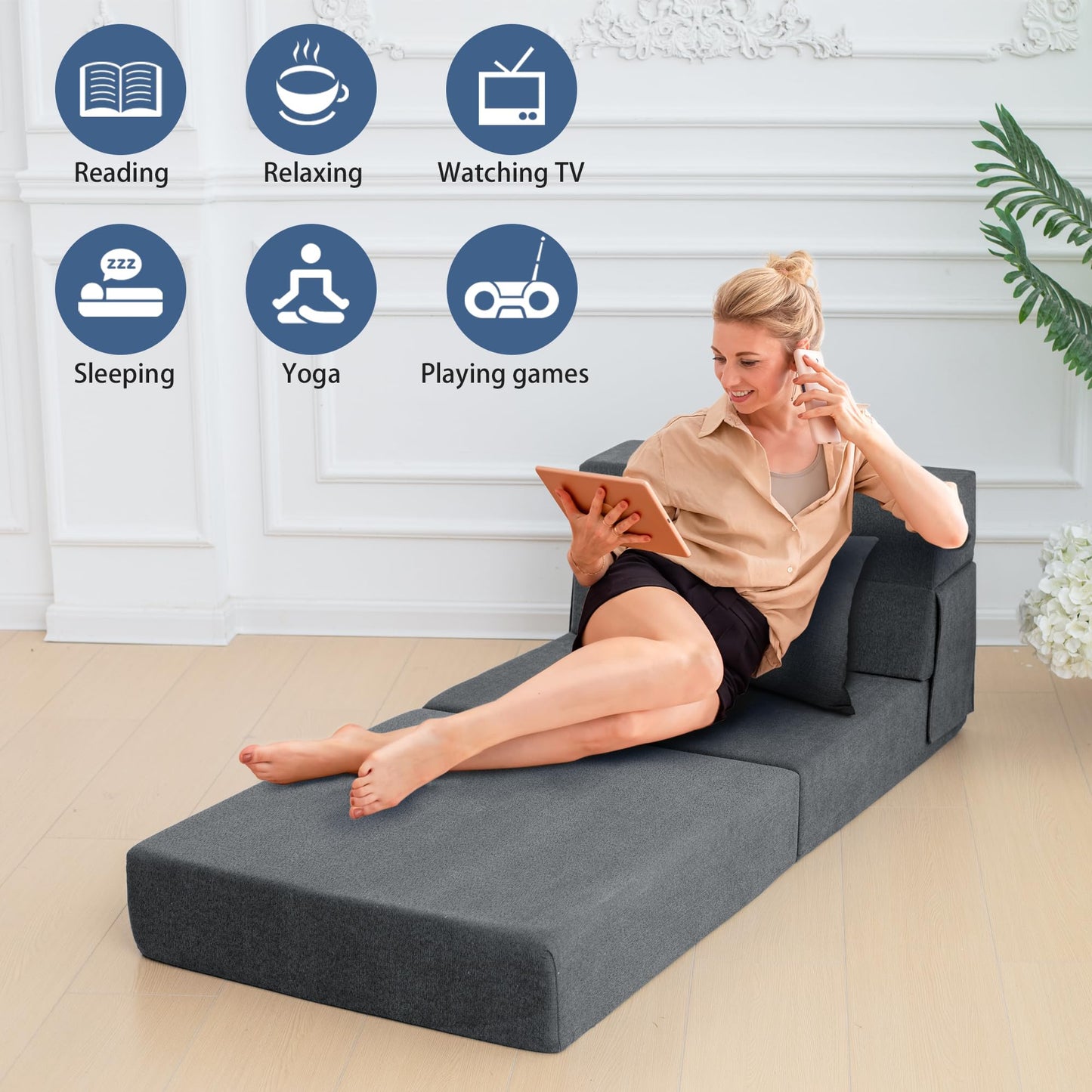 Ressainic Folding Sofa Bed Chair with Pillow,Convertible Fold Out Chair Bed Sleeper,Foam Floor Mattress, Foldable Futon Couch Bed for Living Room/Dorm/Guest/Office (Grey, Single)