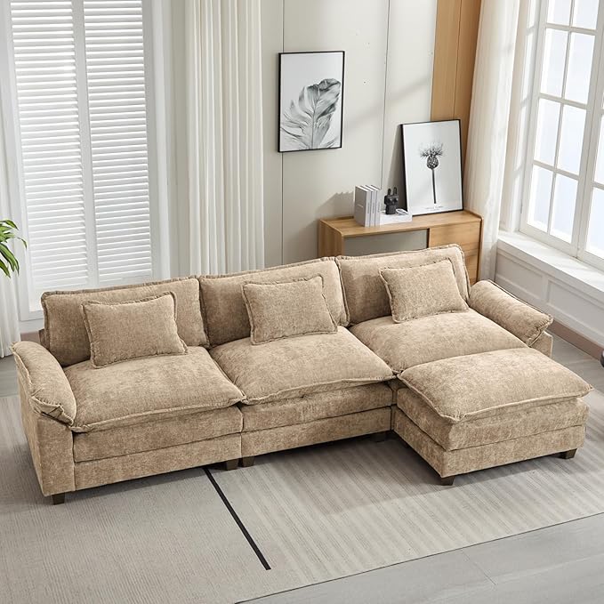 Oprisen 120" Modular Sectional Sofa, Comfy Cloud Couch Sectional Sofa with Ottoman, Chenille Sofa Sleeper Deep Seat Sofa with Throw Pillows for Living Room (Khaki, 120"- L Shape)