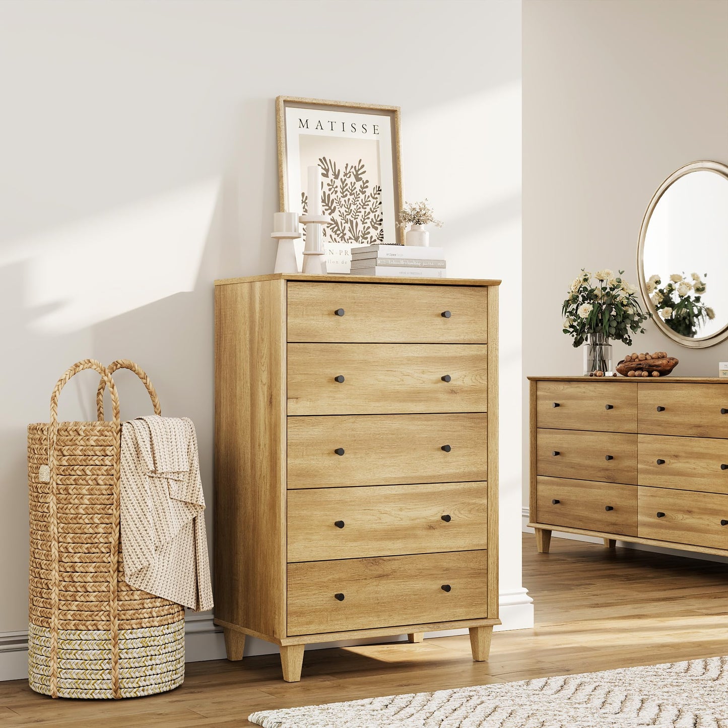 FENSULN 5 Drawer Dresser for Bedroom, Tall Modern Chest of Drawers, Beveled Profile Design, Wood Drawer Organizer for Bedroom, Living Room, Hallway and Entryway,Oak
