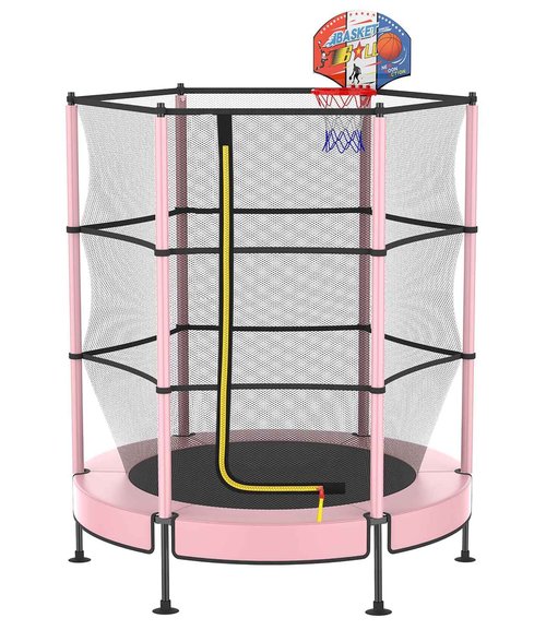 LANGXUN 60" Trampoline for Kids with Basketball Hoop, 5ft Indoor Outdoor Toddler Mini Trampoline with Raised Safety Net - Birthday Gifts for Boys and Girls, Christmas Toys for 3-10 Years Old
