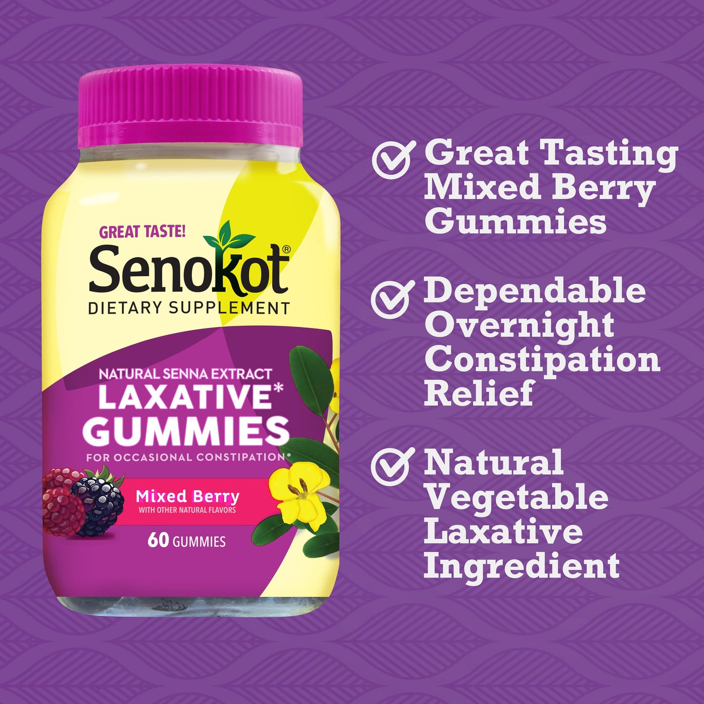 Senokot Laxative Gummies, Natural Senna Extract, Gentle, Overnight Relief from Occasional Constipation, Mixed Berry Flavor, 60 Count.