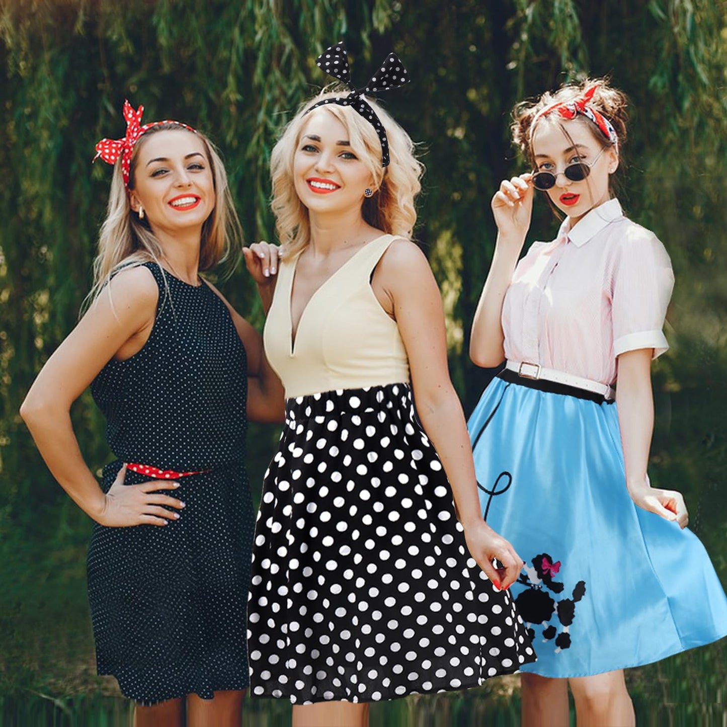 Ibeauti 50s Costumes for Women Girls 1950s Poodle Skirt Outfits Set with Cat Eye Glasses Chiffon Scarf Bandana Tie Headband Earrings Socks (Large, Black)