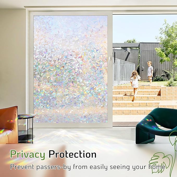 LUTE Window Privacy Film, Rainbow Window Film, 3D Decorative Stained Glass Cling, Non-Adhesive Vinyl Static Cling Removable Glass Stickers, Sun UV Blocking Decal Covering for Home, 35.4 x 118.1 inches