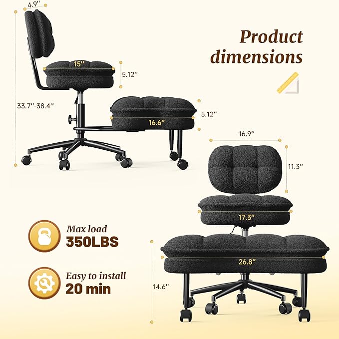 Cross Legged Office Chair, Criss Cross Desk Chair ADHD Meditation Kneeling Seat with Height Adjustable Seat for ADHD,Relaxation, Home Office,Black