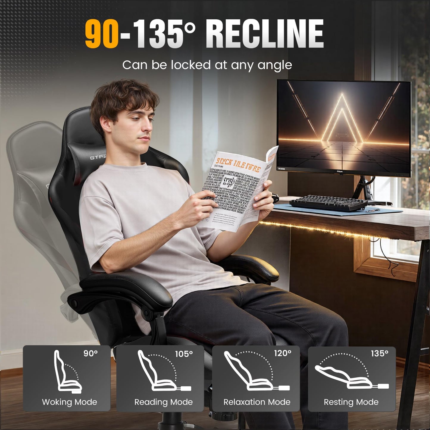 GTPLAYER Gaming Chair with Foot Rest & Pocket Spring Cushion, Ergonomic High Back Computer Chair with Headrest & 360°-Swivel Seat for Home Office Desk, PU Leather, Black