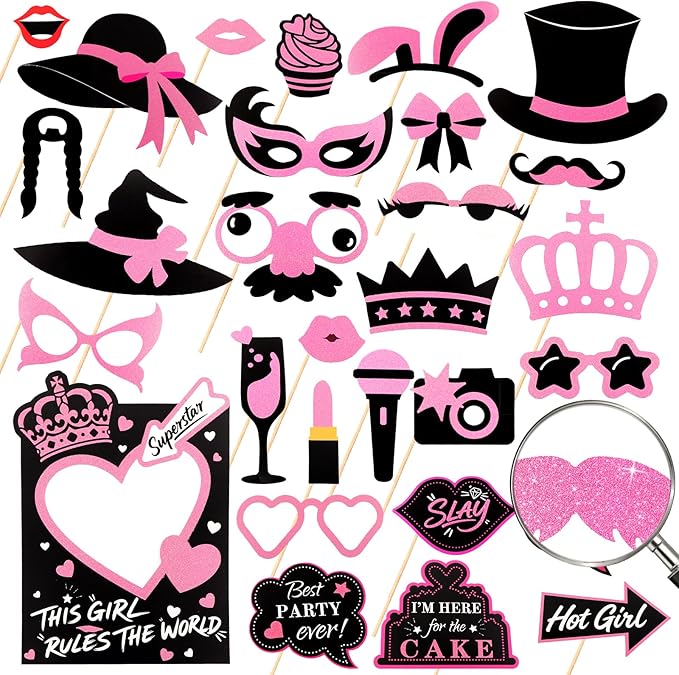Hot Pink Glitter Photo Booth Props 31 Count, for Birthday Wedding Bachelorette Single Parties, Rose Golden Cute Funny Desi...