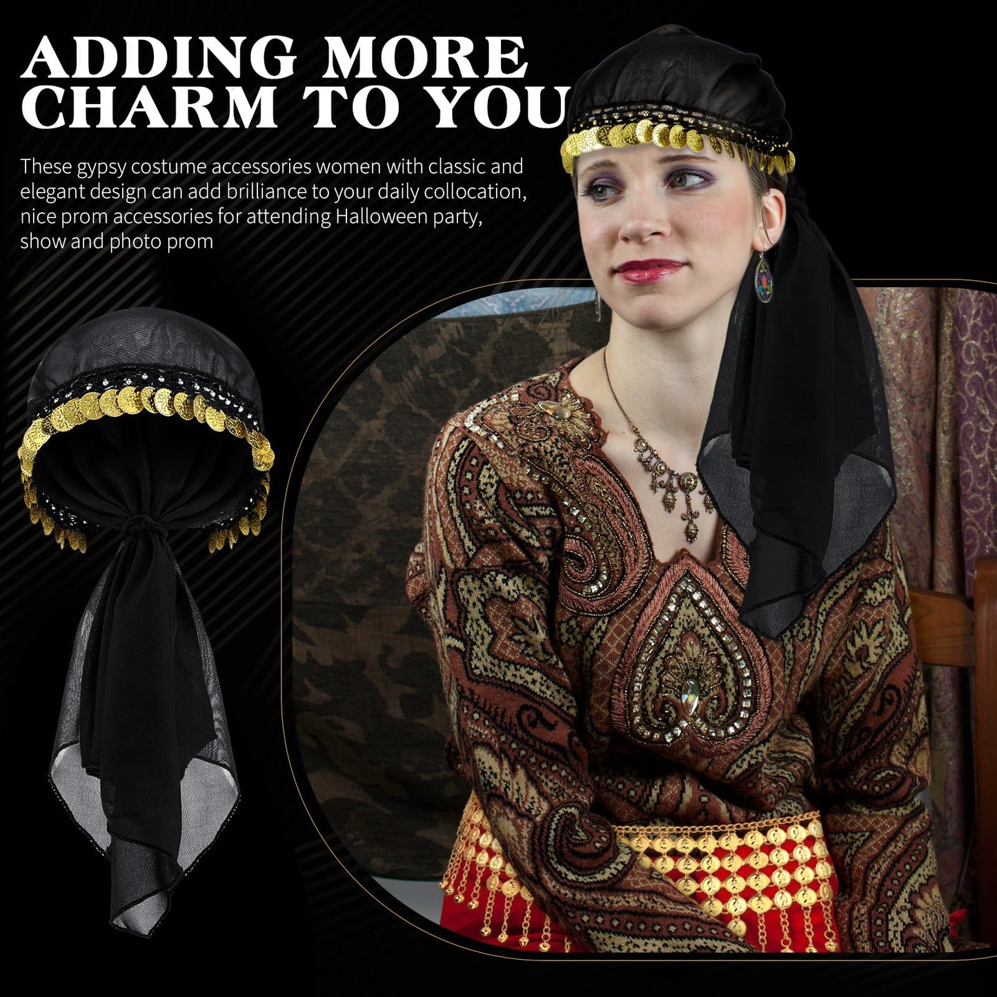 Tarpop 4 Pcs Gypsy Costume Women Halloween Belly Dance Accessories Fortune Teller Headpiece Hip Ethnic Tribal Indian Women(Stylish Style)