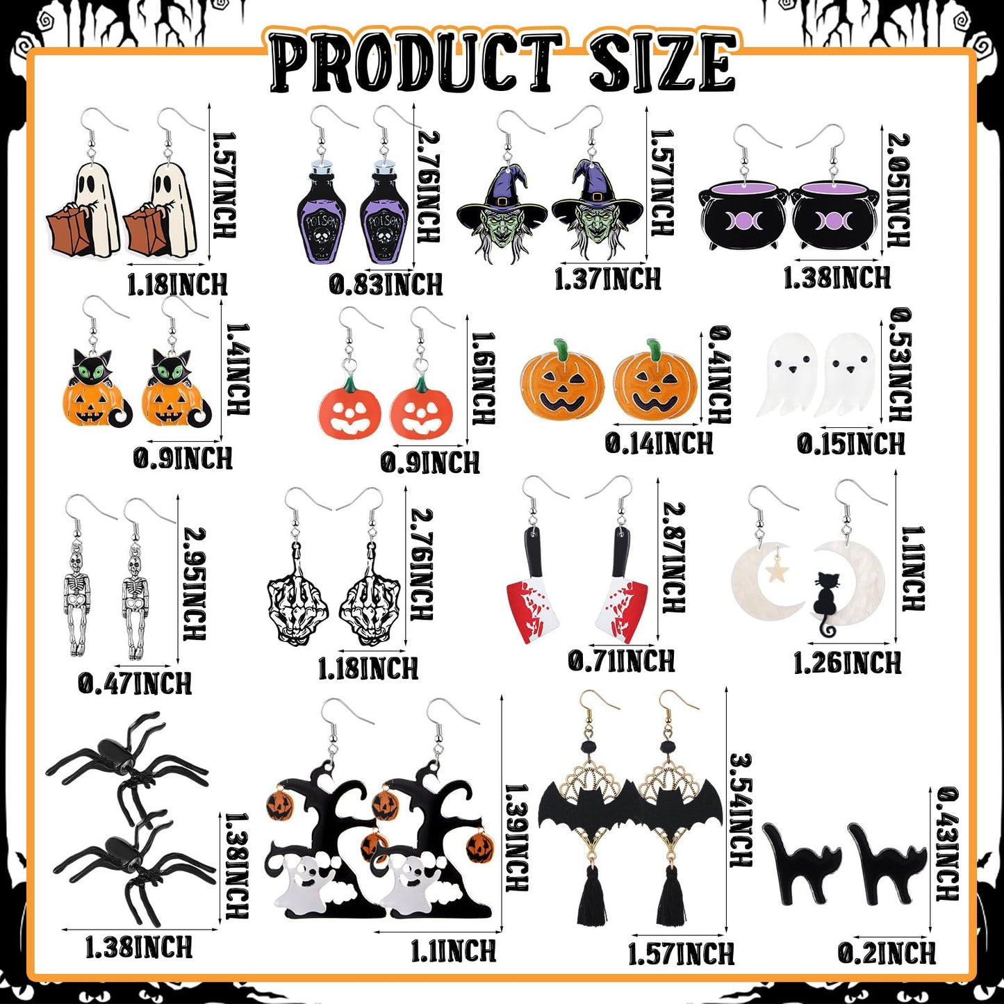 Kigeli 16 Pairs Halloween Earrings Ghost Pumpkin Bat Cat Earrings Gothic Cute for Women(Classic Style)