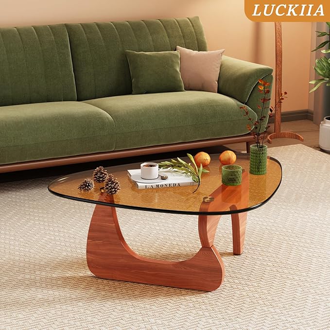 LUCKIIA Coffee Tables Glass Small Farmhouse Coffee Table Mid-Century Modern Wood Center Table for Living Room, Walnut Brown, 32 Inch