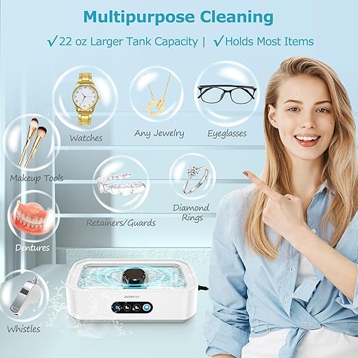 Ultrasonic Jewelry Cleaner Machine, 49kHz Mini Ultrasonic Cleaner for Glasses, Jewelry, Rings, Earrings, Eyeglasses, Retainers, Dentures, 22 oz 304 Stainless Steel Tank, 3 Cleaning Modes