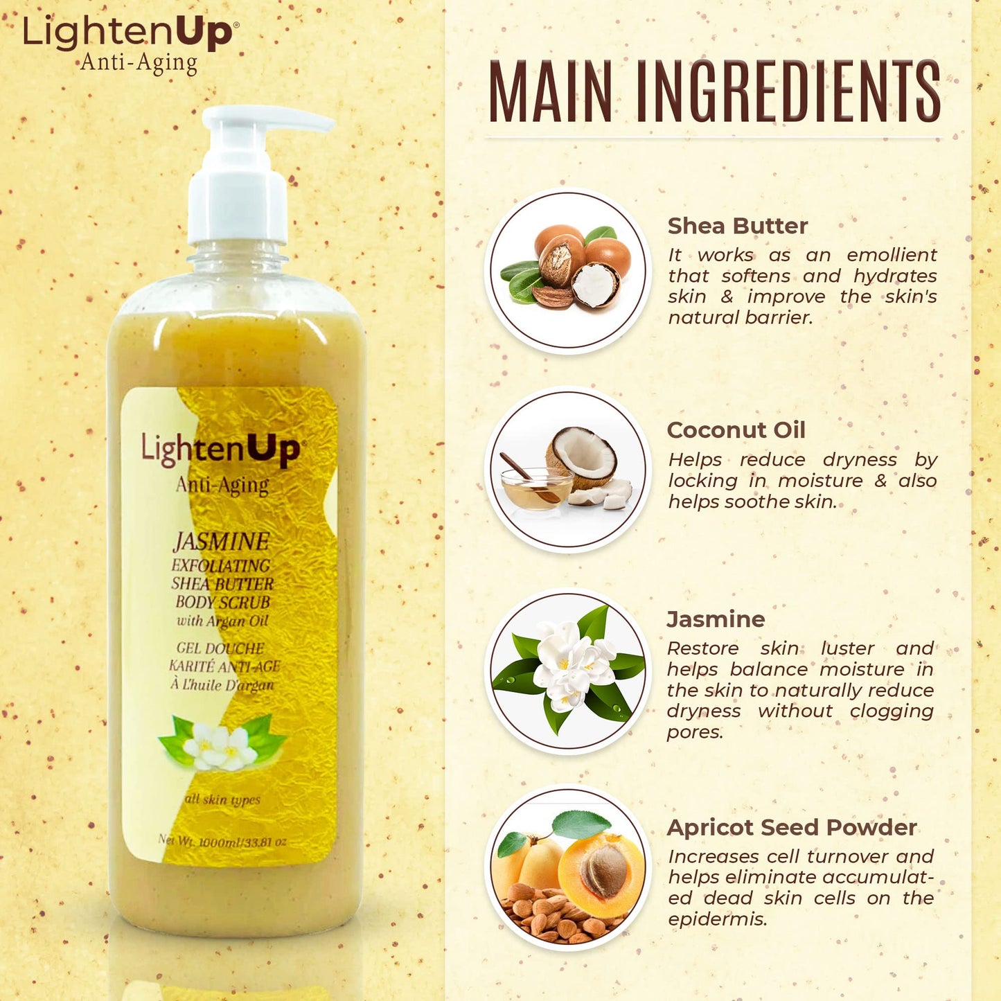 OMIC Lighten-Up Exfoliating Body Wash - 33.8 Fl oz / 1000 ml - Formulated to Exfoliate and to Nourish Skin, with Shea Butter, Ja