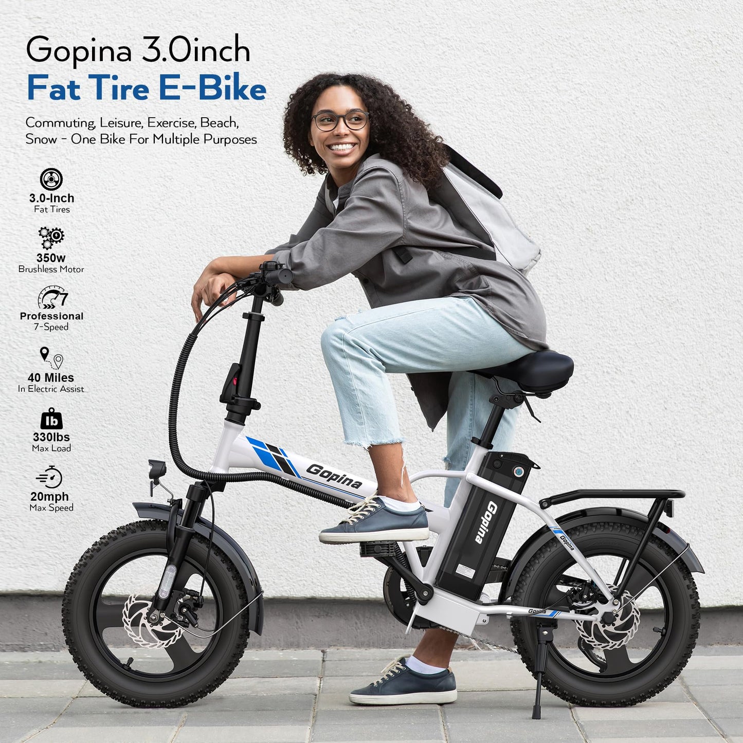 Vivi Gopina Electric Bike, 16" x 3.0 Fat Tire Electric Bike, Peak 500W Step Thru Electric Bicycle, 48V Removable Battery, Up to 40 Miles, LCD Display, 19.8mph, 7 Speed, SGS Certified to UL2849