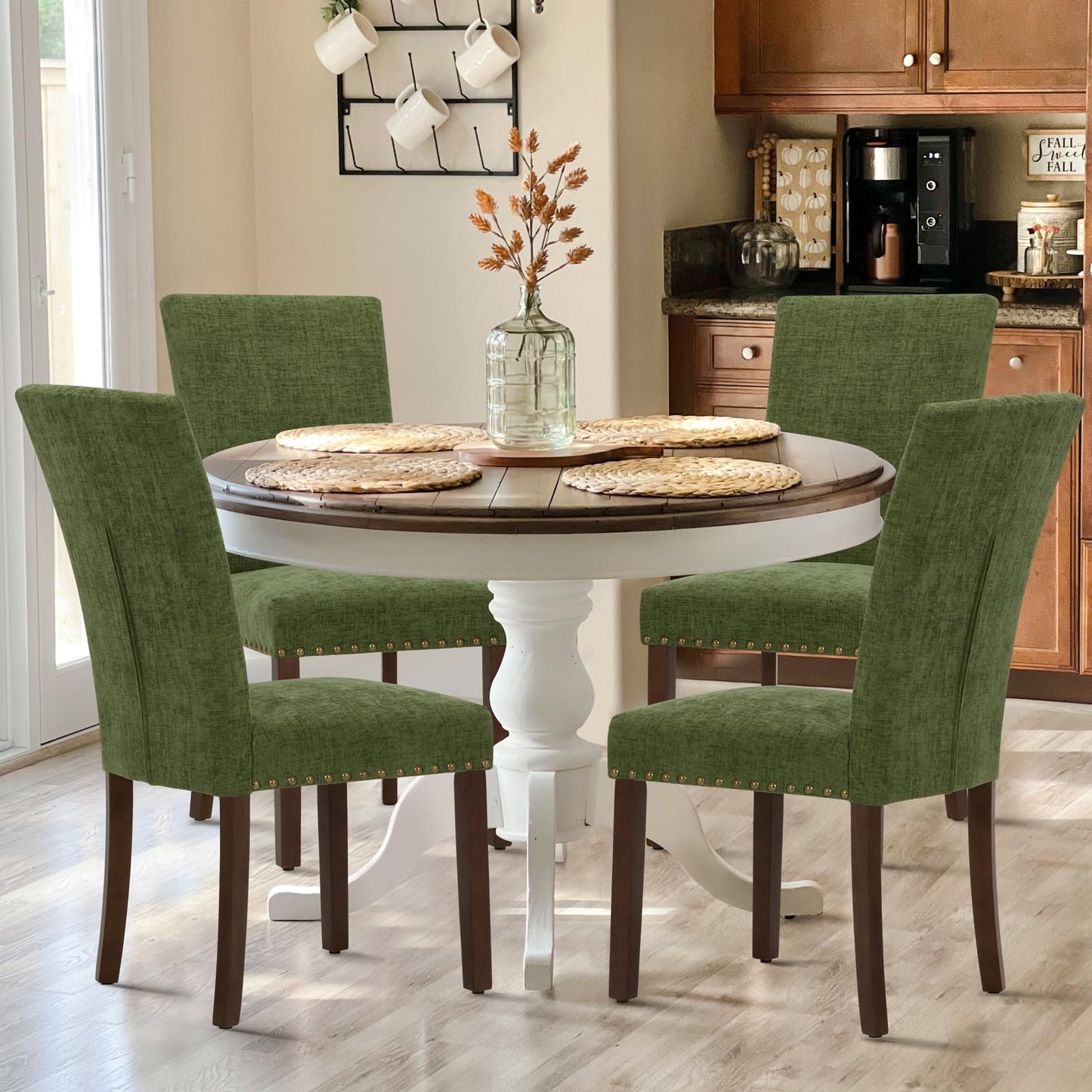 COLAMY Upholstered Parsons Dining Chairs Set of 4, Fabric Dining Room Kitchen Side Chair with Nailhead Trim and Wood Legs - Green