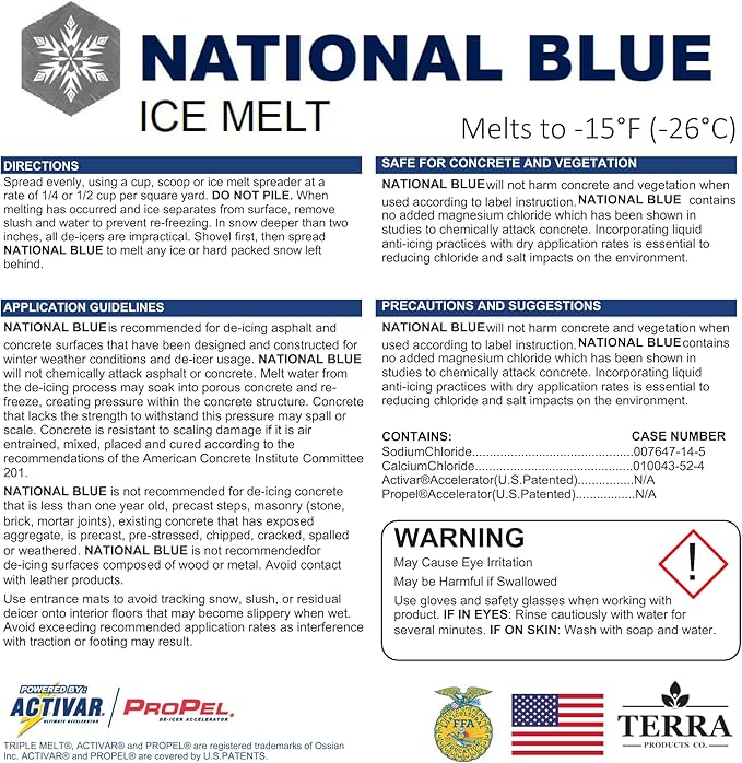 National Blue Ice Melt and Snow Salt 20lb Bucket - Fast Acting Ice Melter - Pet, Plant and Concrete Friendly, Environmentally Safe - Free of Magnesium Chloride - Melts to -15°F