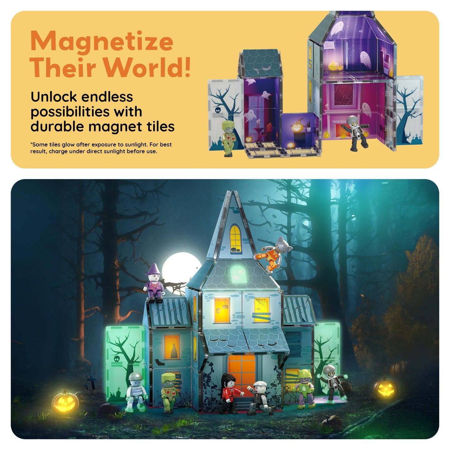 PicassoTiles Haunted House Theme Magnet Tile Building Blocks 8 Action Figures Magnetic Construction Toy Double Sided Printing Education STEM Learning Playset Halloween Adventure Kid Ages 3+ PTQ03
